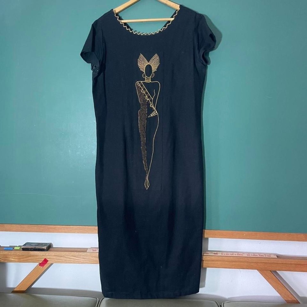 Vintage black maxi dress with gold embroidery Label: Molato